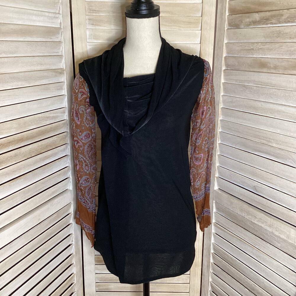 Yohji Yamamoto Black Draped Front Sheer Orange Paisley Sleeve Top 1 XS